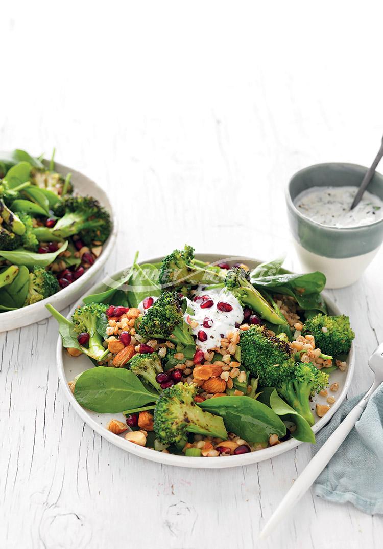Charred broccoli, spinach & pearl barley salad
