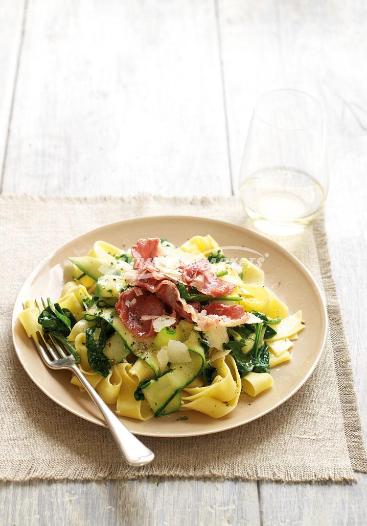 Pasta with wilted greens & crisp pancetta