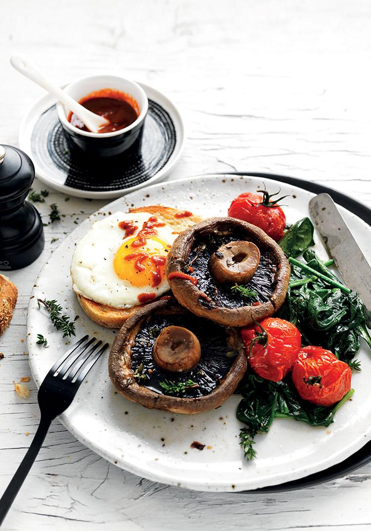 Roasted mushrooms with wilted spinach & eggs
