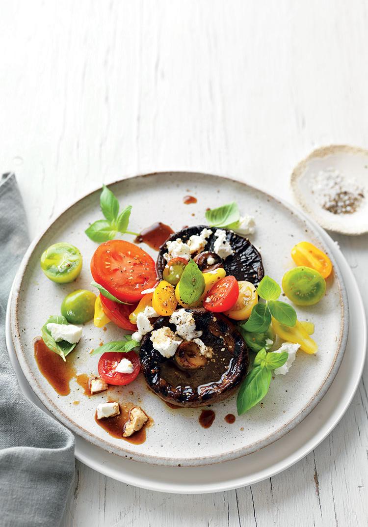 BBQ mushrooms with goat’s cheese, basil & tomatoes