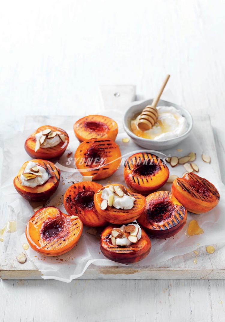 Char-grilled peaches with coconut sour cream & honey