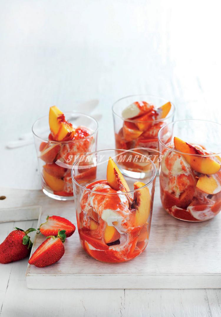 Peaches with fresh strawberry sauce & ice-cream