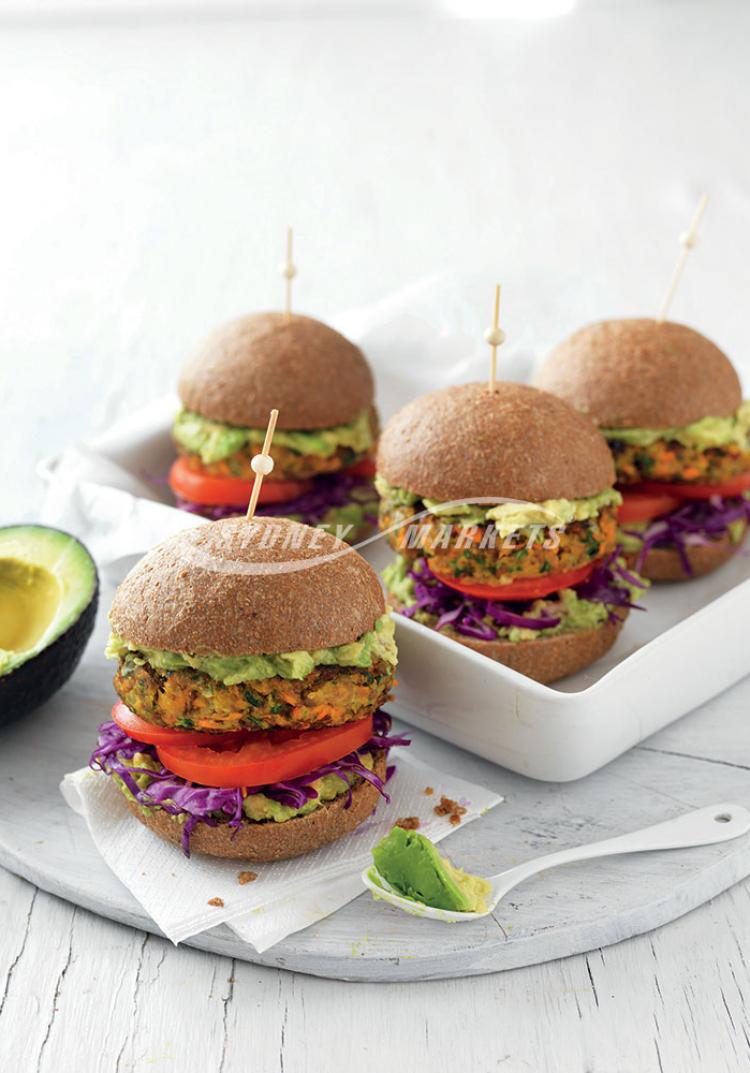 Veggie lentil burgers with avocado