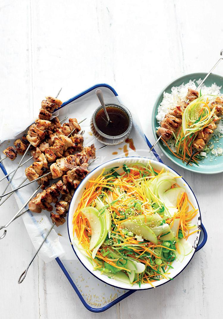Apple, carrot & cucumber salad with chicken skewers