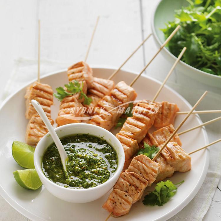 Asian coriander pesto with salmon kebabs