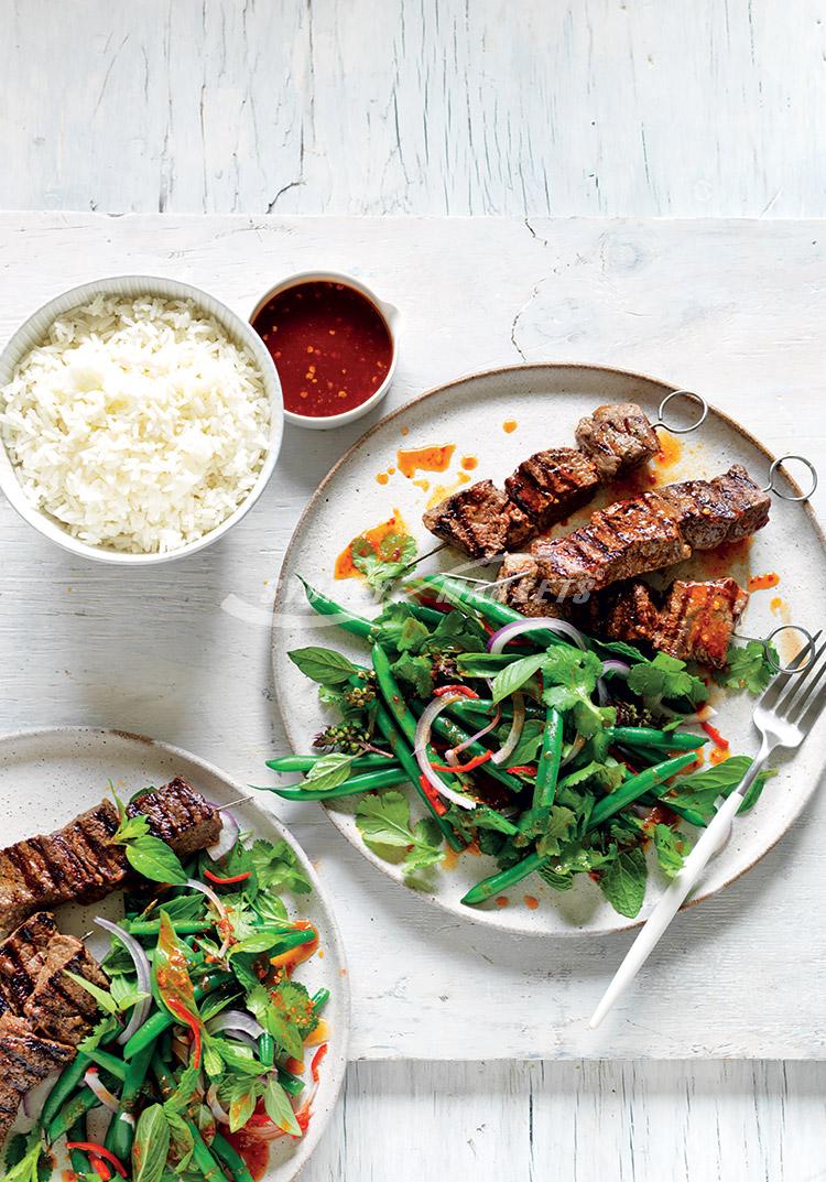 Asian herb, chilli & bean salad with beef skewers