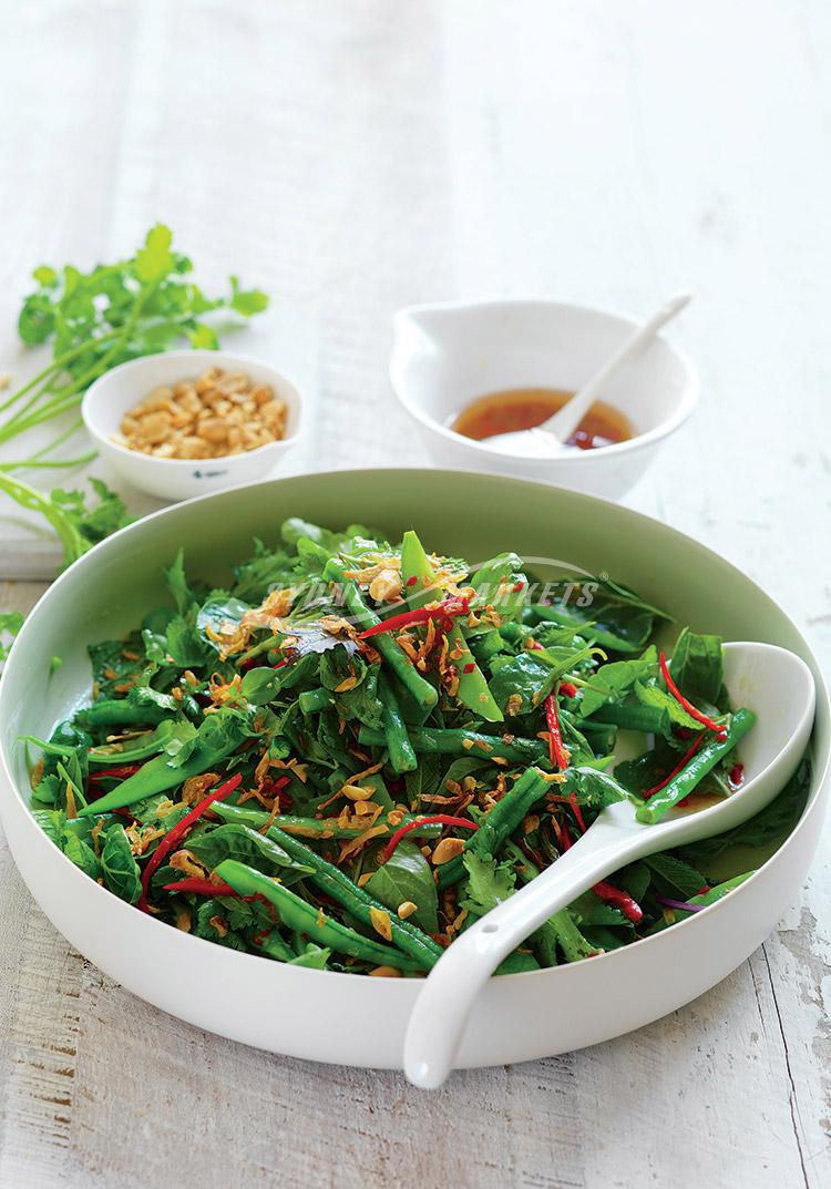 Asian snake bean, herb & chilli salad