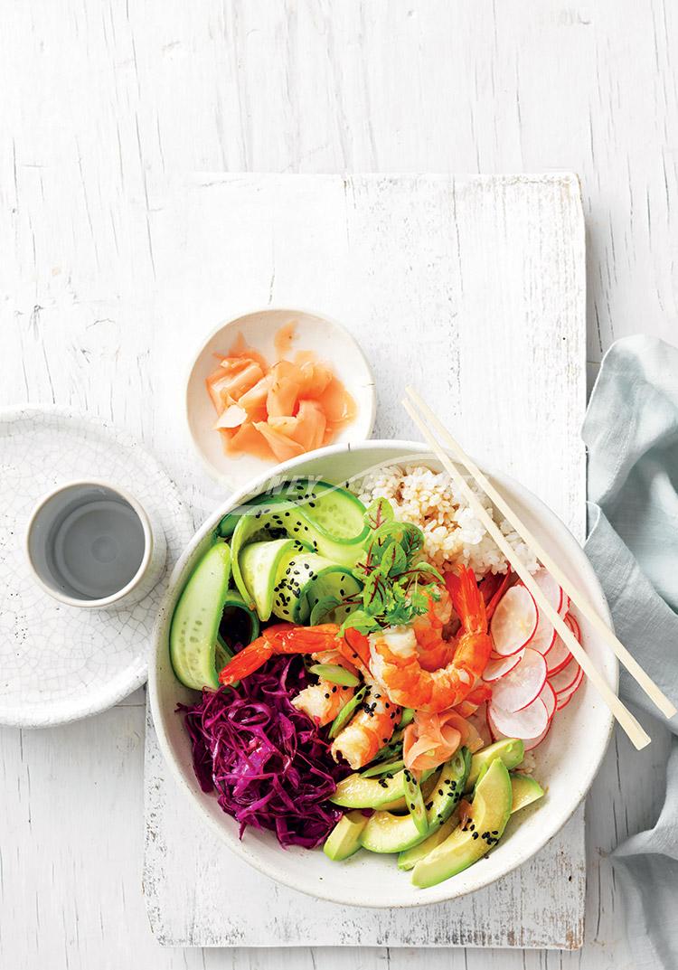 Avocado, pickled cabbage & prawn sushi salad