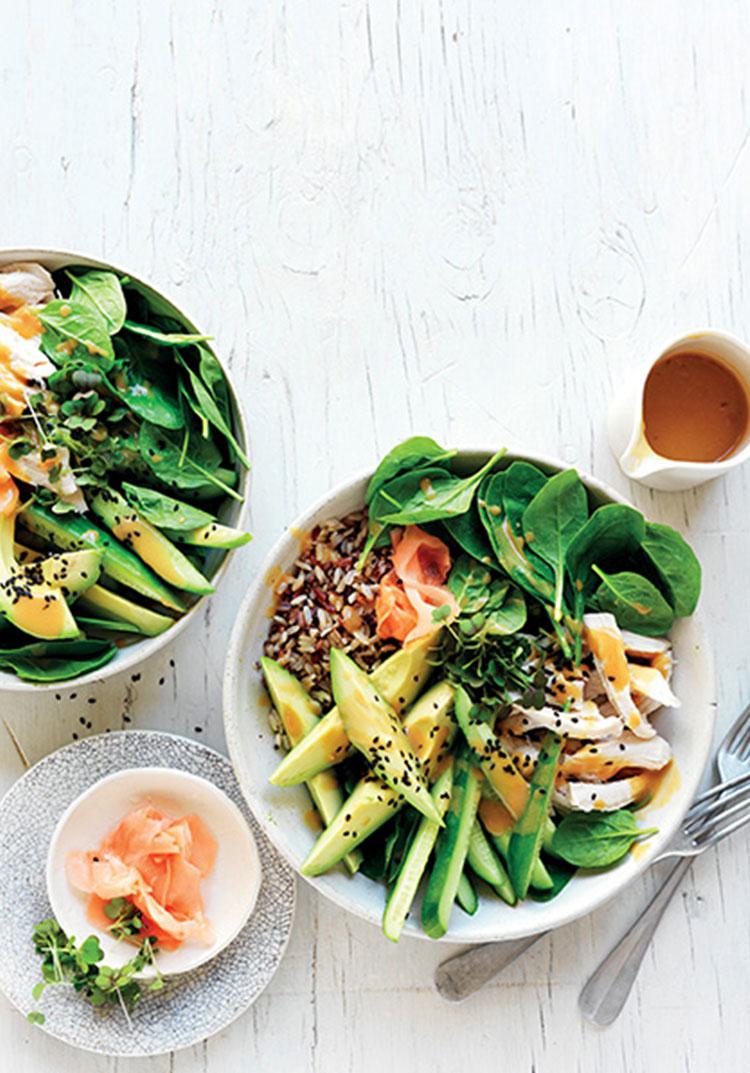 Baby cucumber, avocado & chicken salad with lime miso dressing