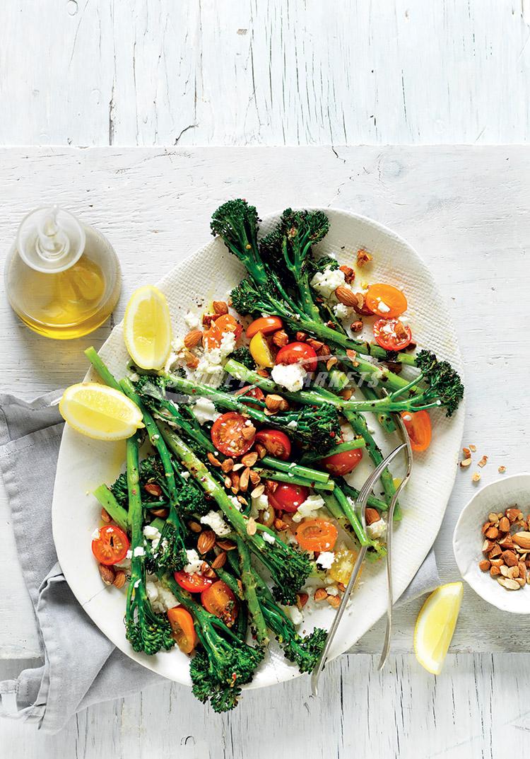 Barbecued broccolini with tomatoes & feta