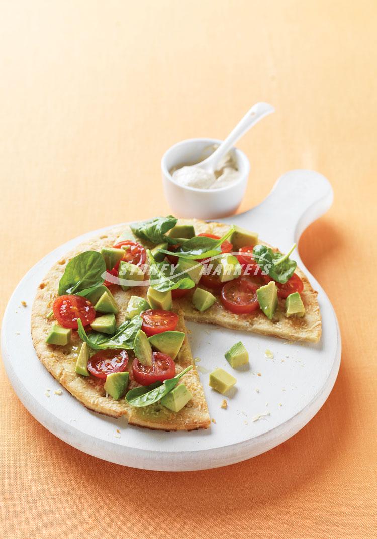 BBQ garlic & cheese pizzas with tomato & avocado