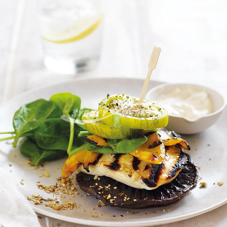 BBQ mushroom, haloumi & tomato burgers