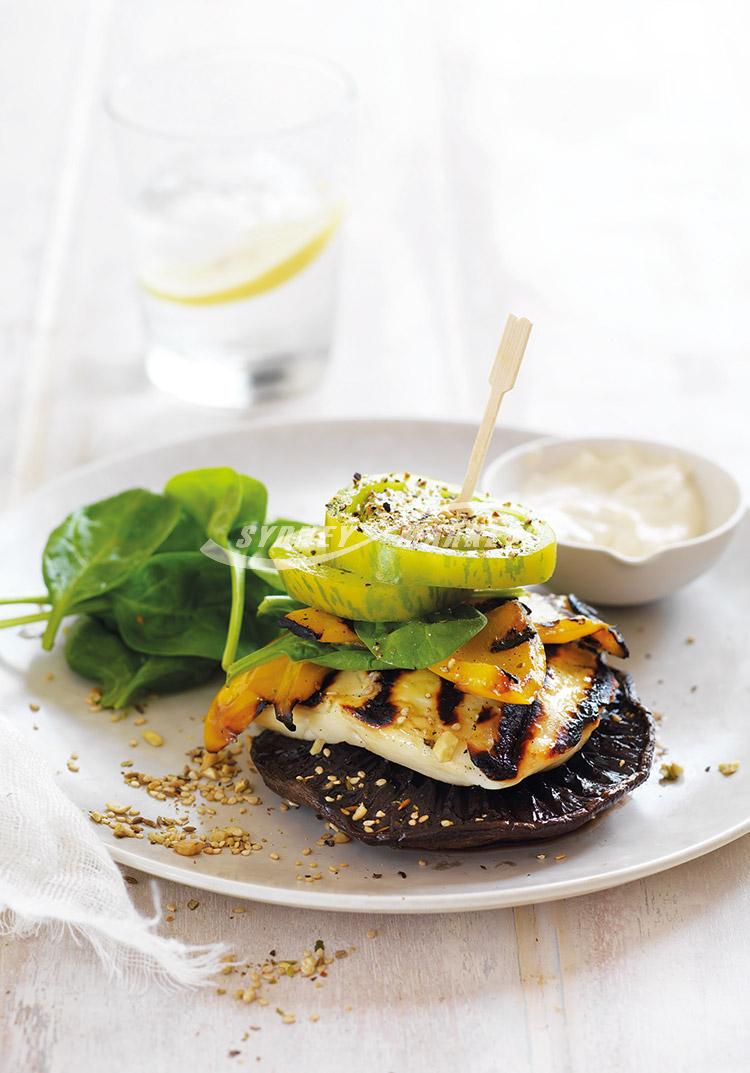 BBQ mushroom, haloumi & tomato burgers