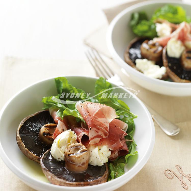 BBQ Portabella mushrooms with rocket, bocconcini & prosciutto