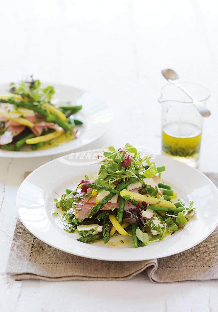Bean, asparagus & ham salad with basil dressing