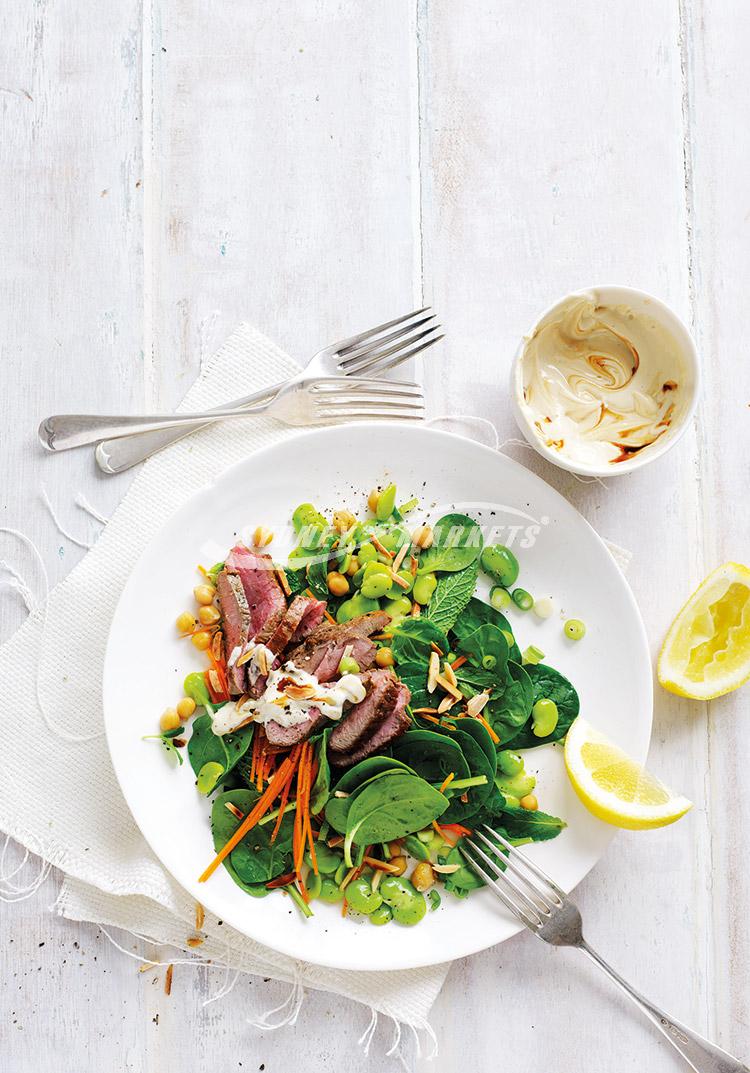 Broad bean, spinach & lamb salad