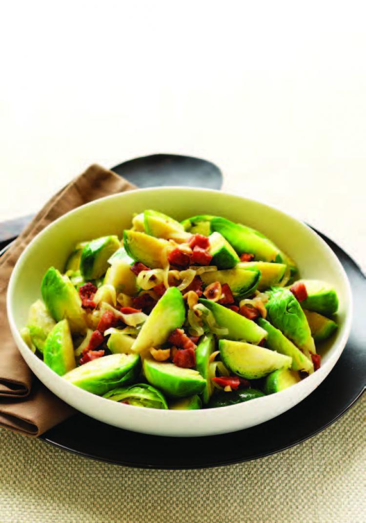 Brussels sprouts with chorizo & hazelnuts