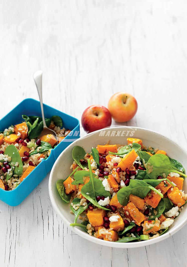 Butternut pumpkin, spinach & pomegranate rice salad