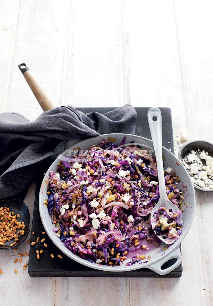 Cabbage with leek, pine nuts & currants