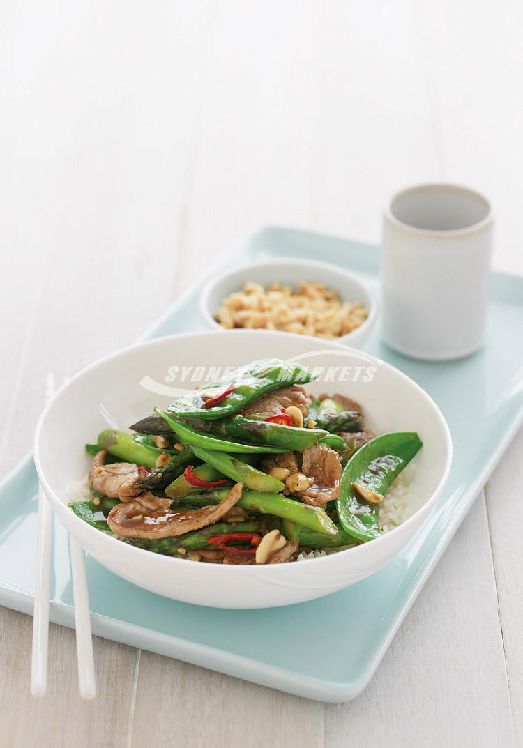 Chilli, asparagus, snow pea & pork stir-fry