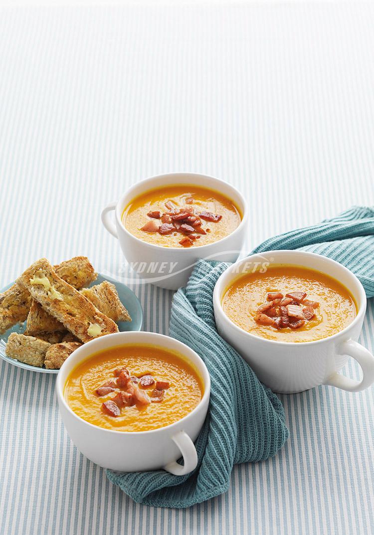 Creamy carrot, kumara & bacon soup