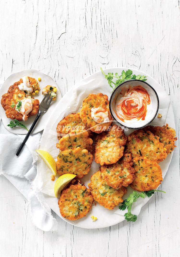 Crispy sweet corn, prawn & coriander fritters