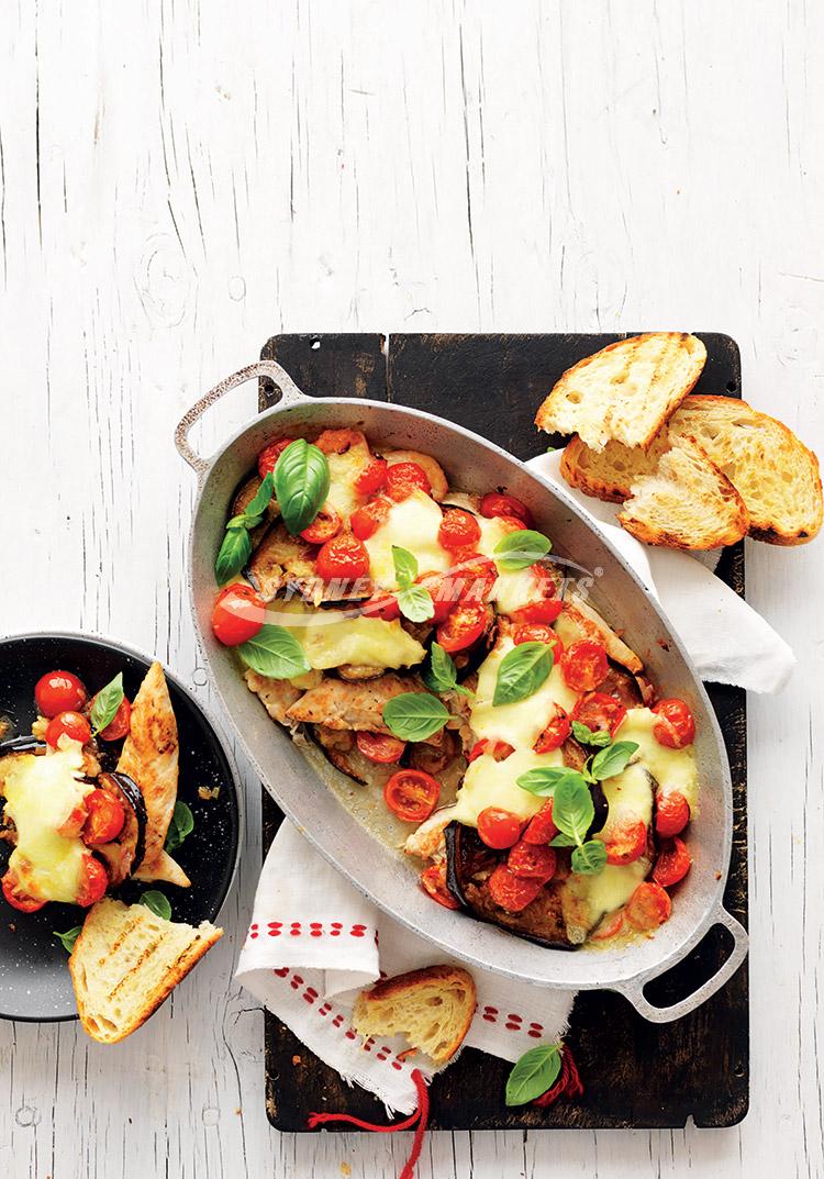 Easy eggplant, tomato & chicken bake