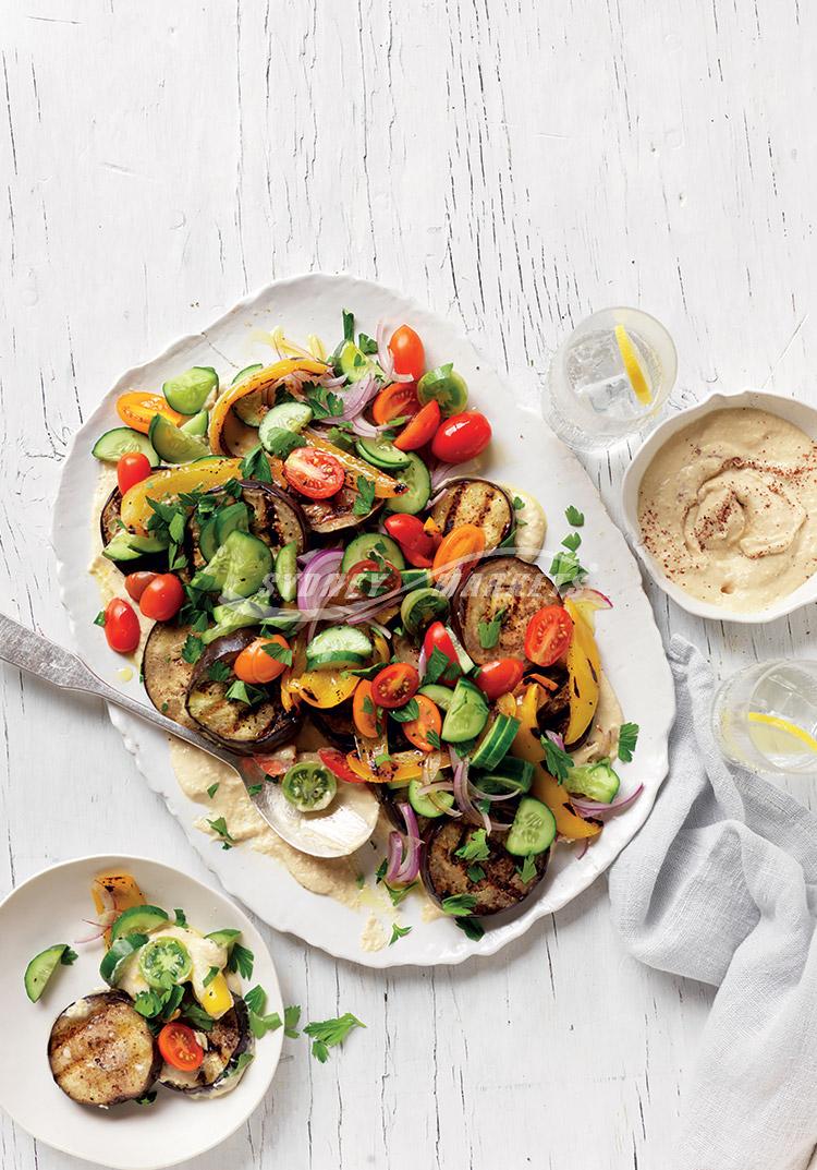 Eggplant, capsicum & tomato salad with tahini yoghurt
