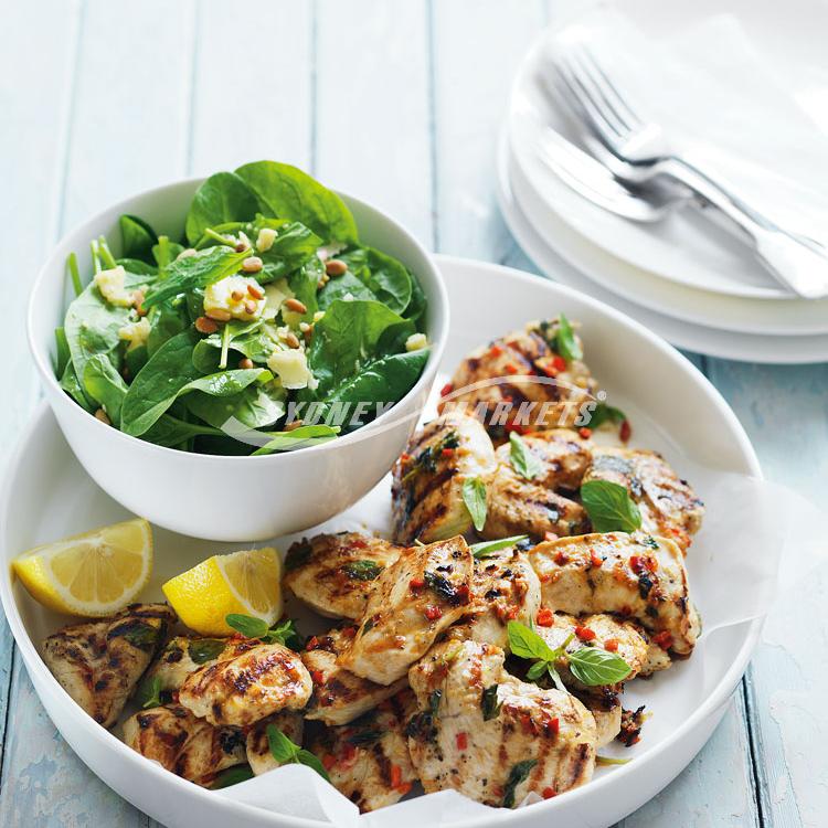 Garlic & chilli chicken with spinach salad