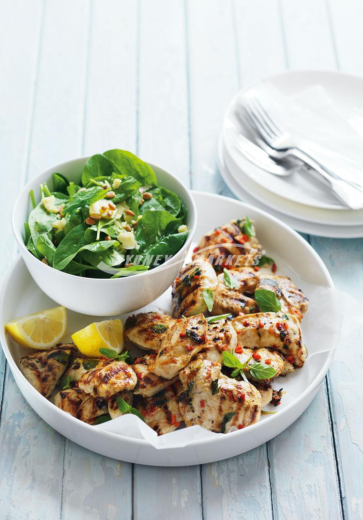 Garlic & chilli chicken with spinach salad