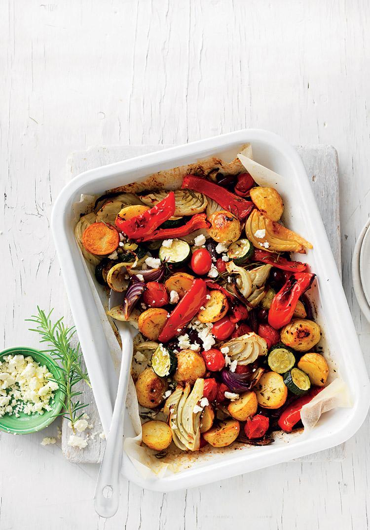 Greek-style veggie & rosemary tray bake