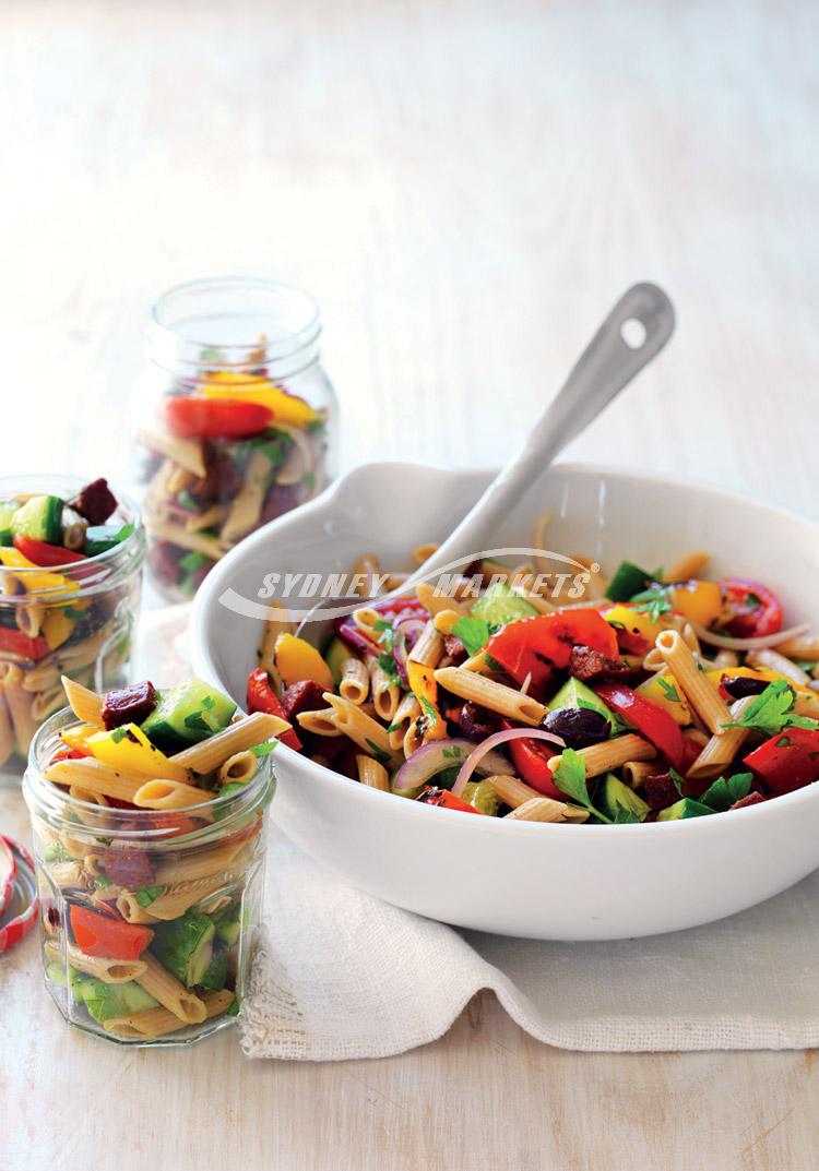 Grilled capsicum, tomato & chorizo pasta salad