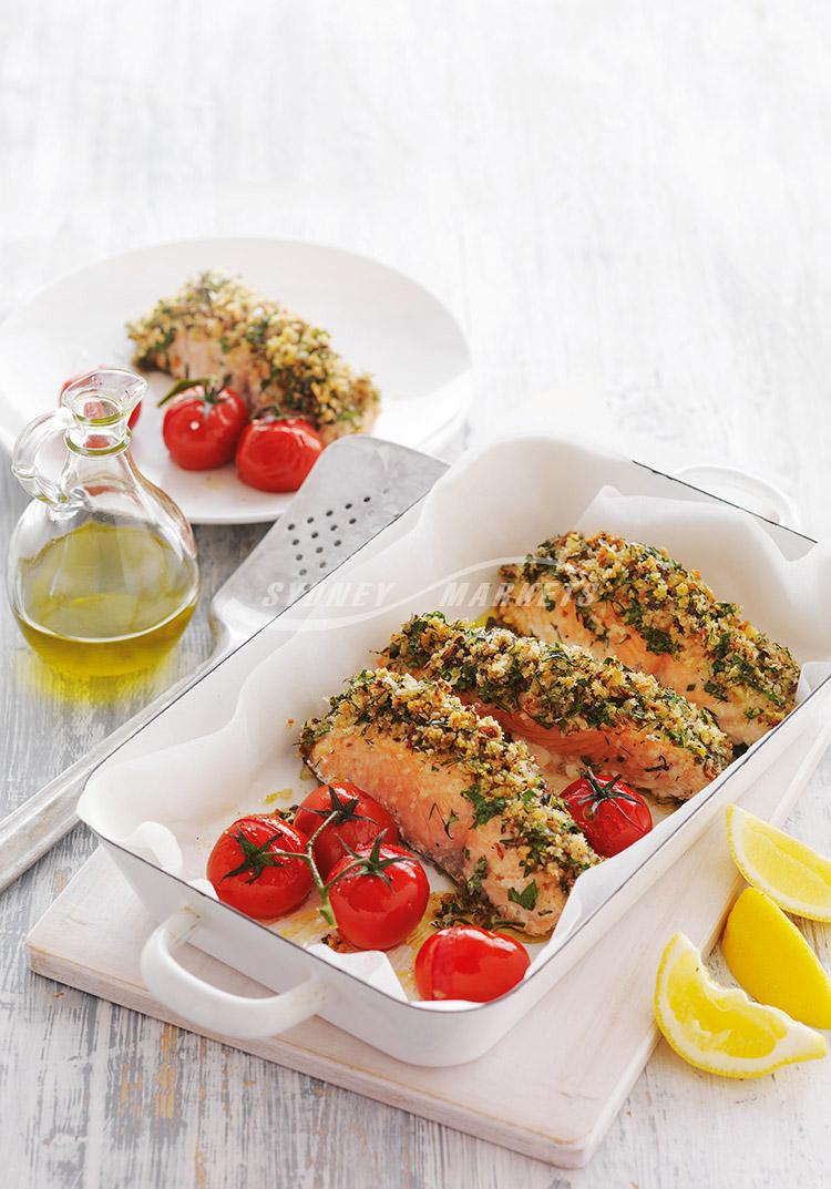 Herb-crusted salmon with roasted truss tomatoes
