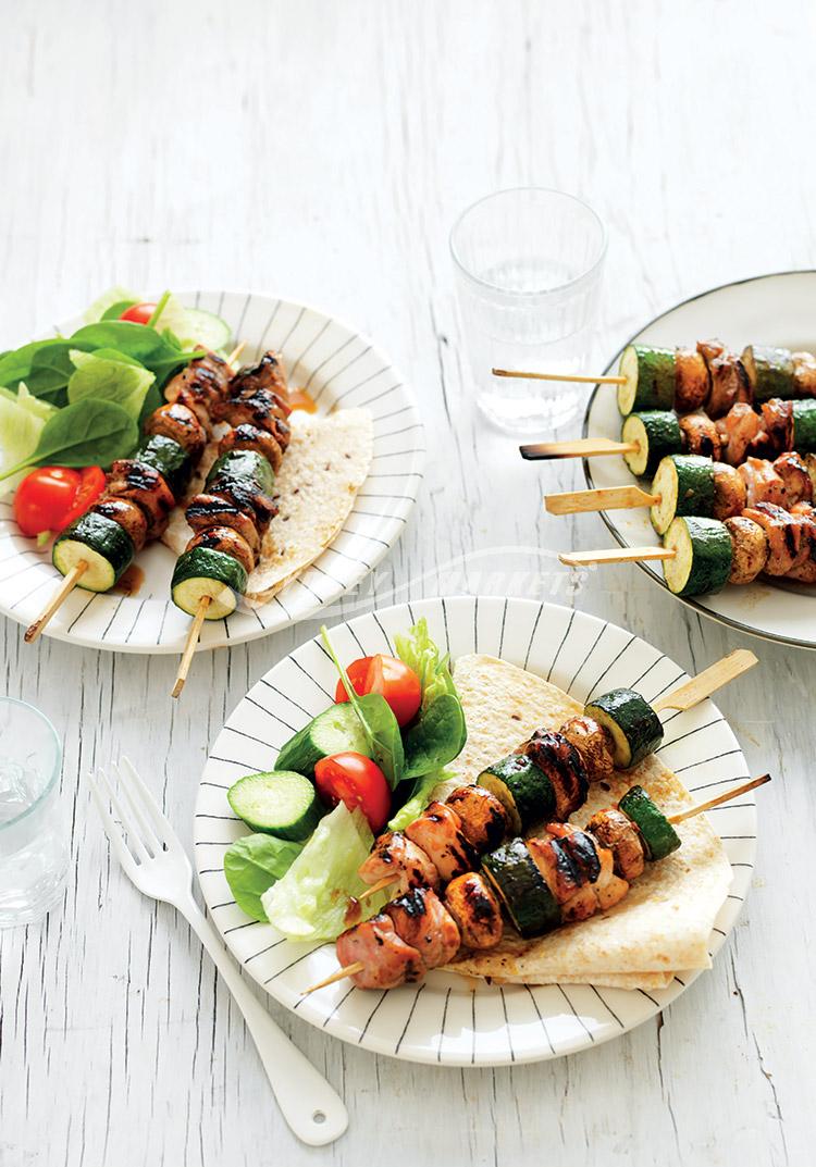 Honey & sesame zucchini, mushroom & chicken skewers