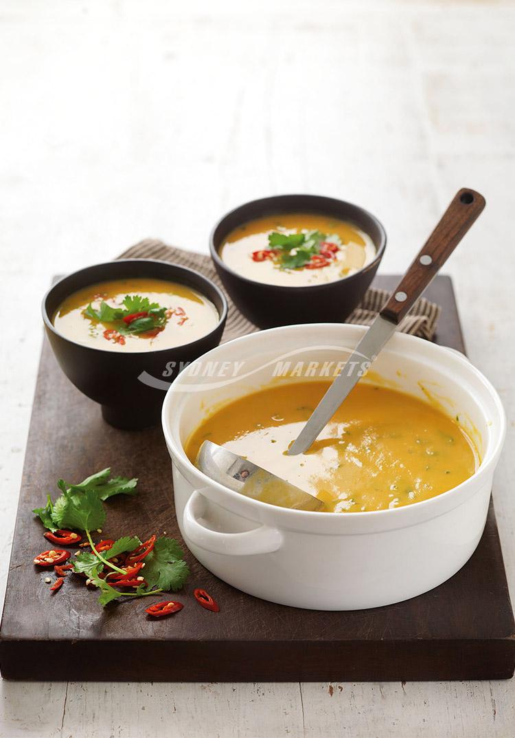 Kumara soup with lemongrass, chilli & coconut