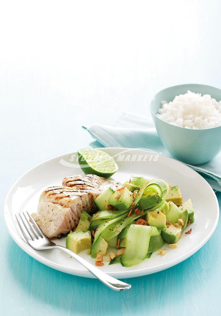 Lime-marinated fish with cucumber & avocado salad