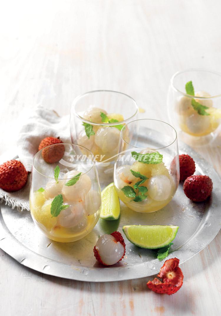 Lychees with lime & mint ice