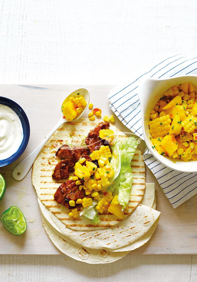 Mango & corn salsa with sticky pork tortillas