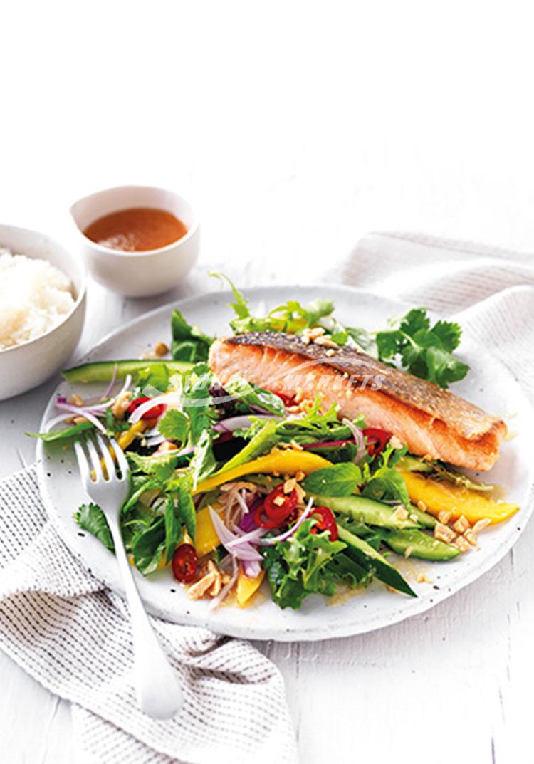 Mango, herb & chilli salad with crisp-skinned salmon