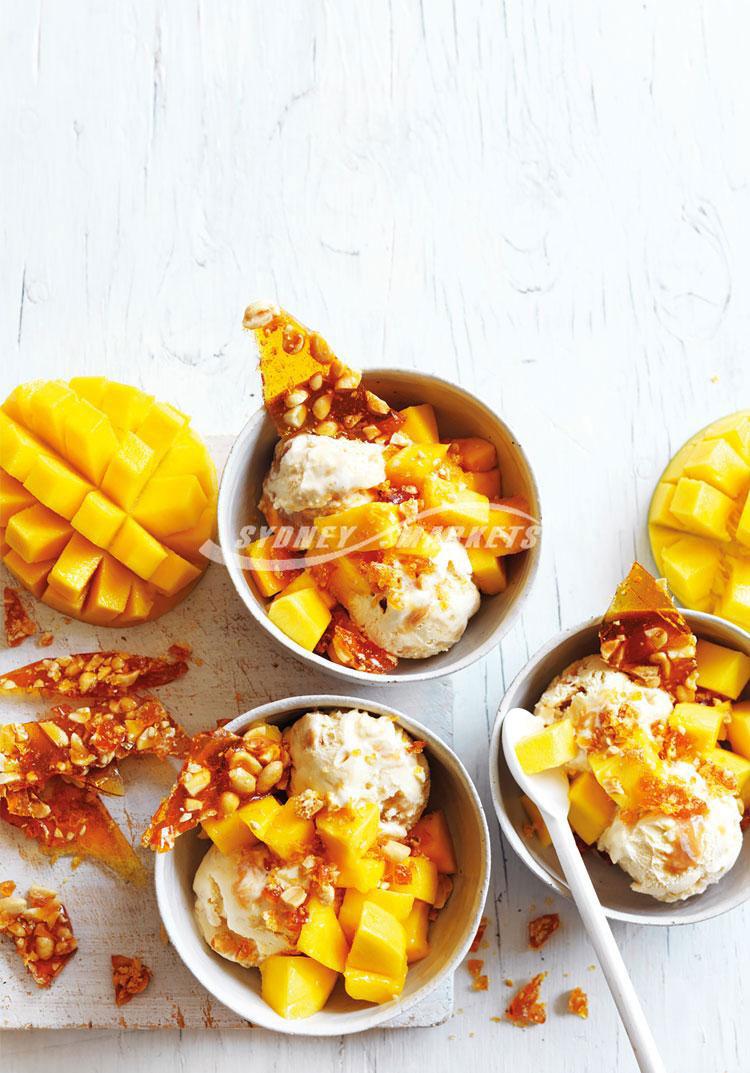 Mangoes with peanut praline & caramel ice-cream