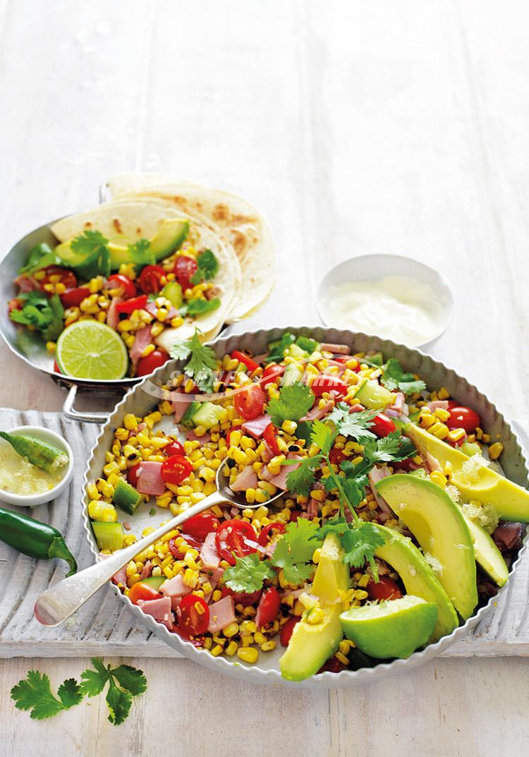 Mexican grilled sweetcorn, avocado & ham salad