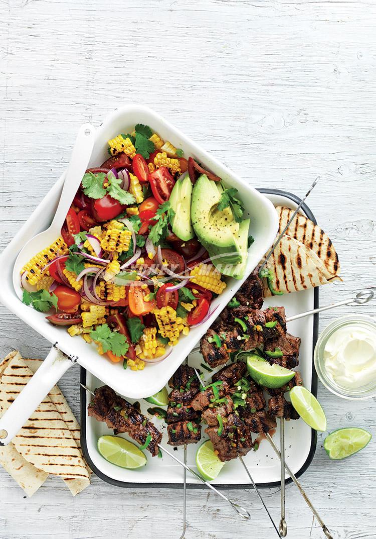 Mexican sweetcorn salad with BBQ chilli beef skewers