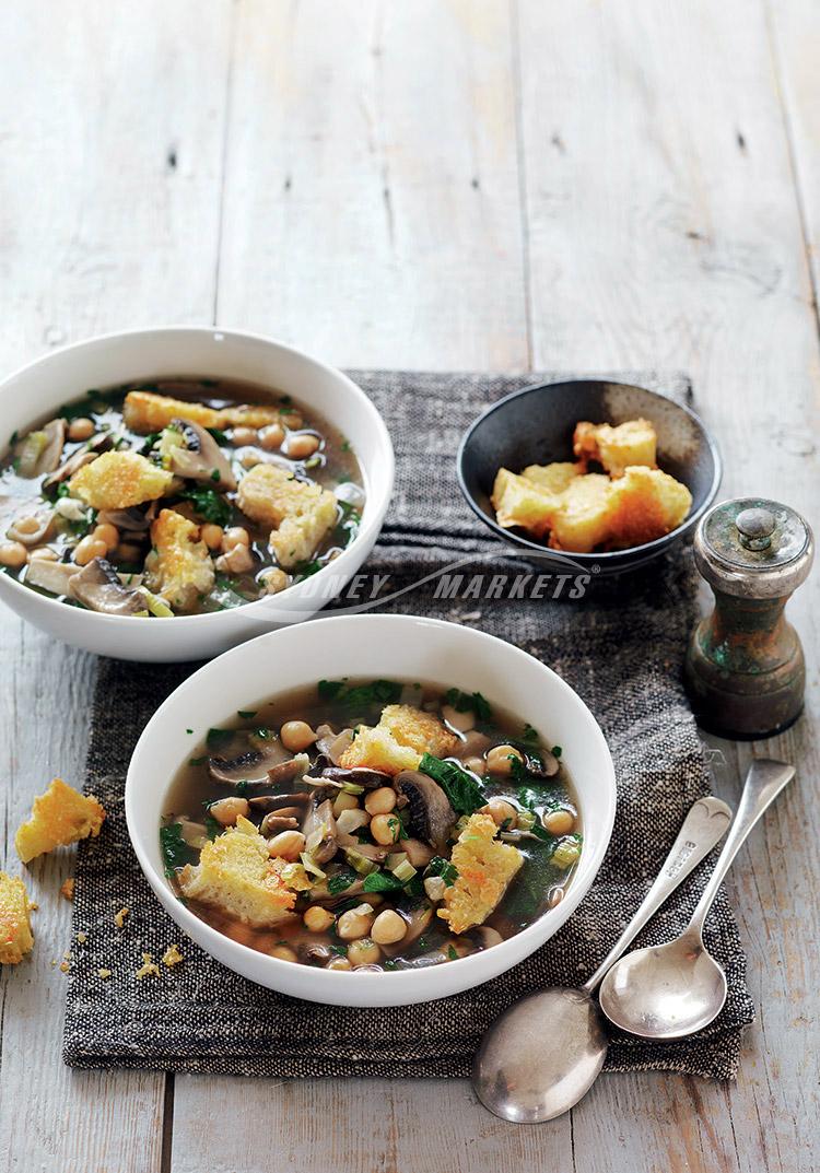 Mushroom, leek & chickpea soup with parmesan croutons