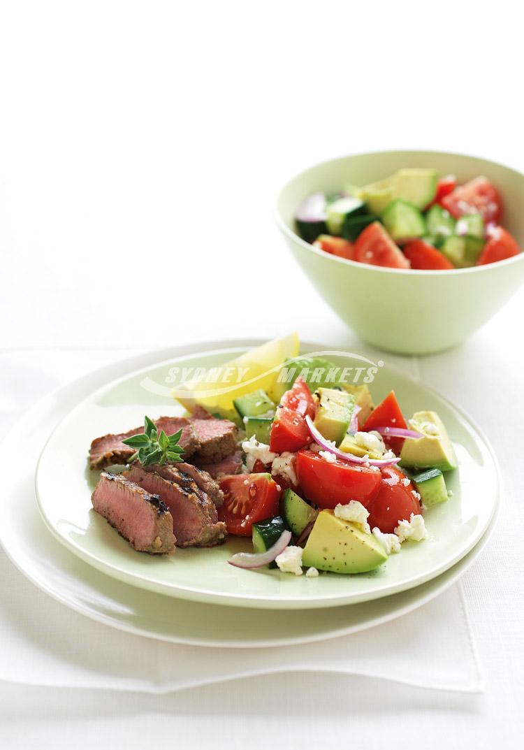 Oregano & lemon lamb with avocado Greek salad