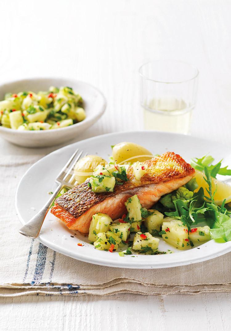 Pineapple & chilli salsa with crisp-skin salmon