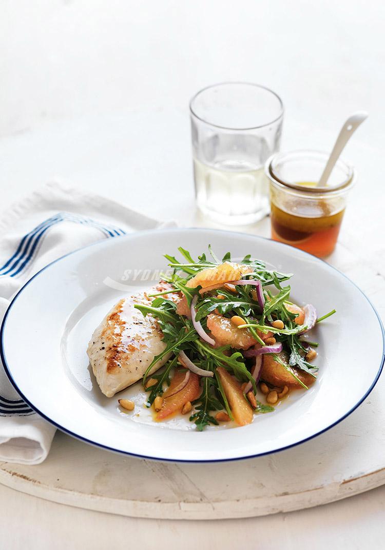 Pink grapefruit, rocket & pine nut salad with chicken