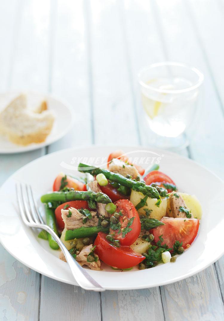 Potato, asparagus & tuna salad with caper & parsley dressing