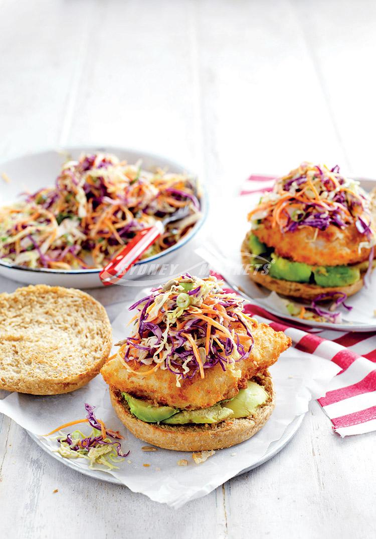 Rainbow coleslaw fish burgers