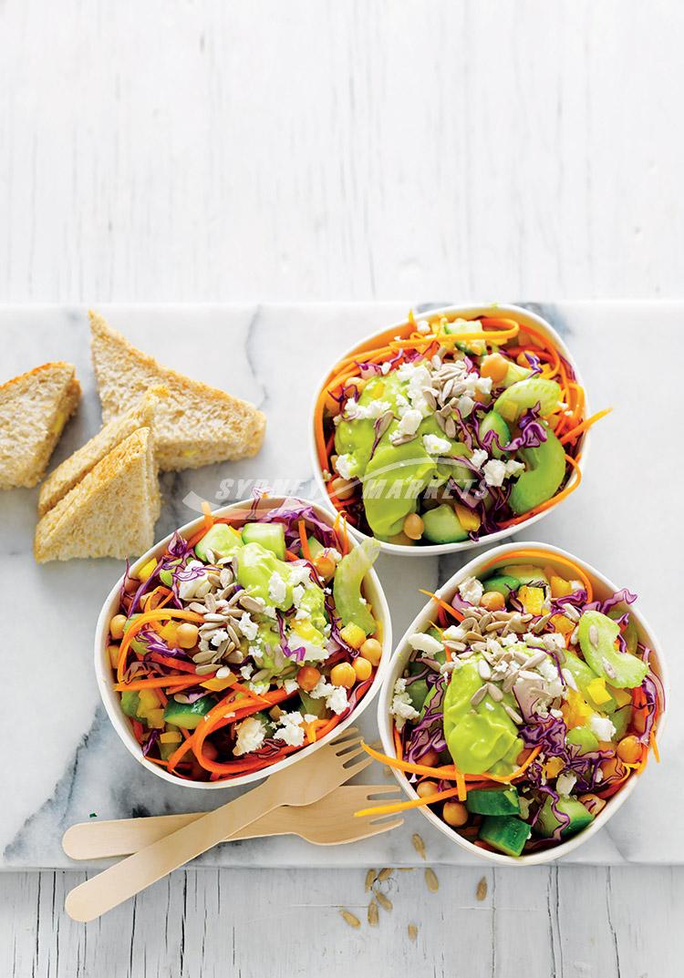 Rainbow veggie & chickpea salad with avocado dressing