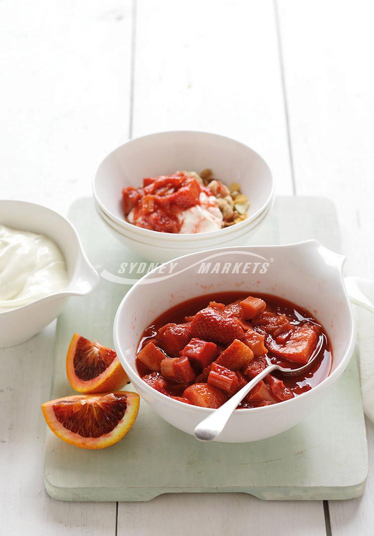 Rhubarb & strawberries in blood orange juice